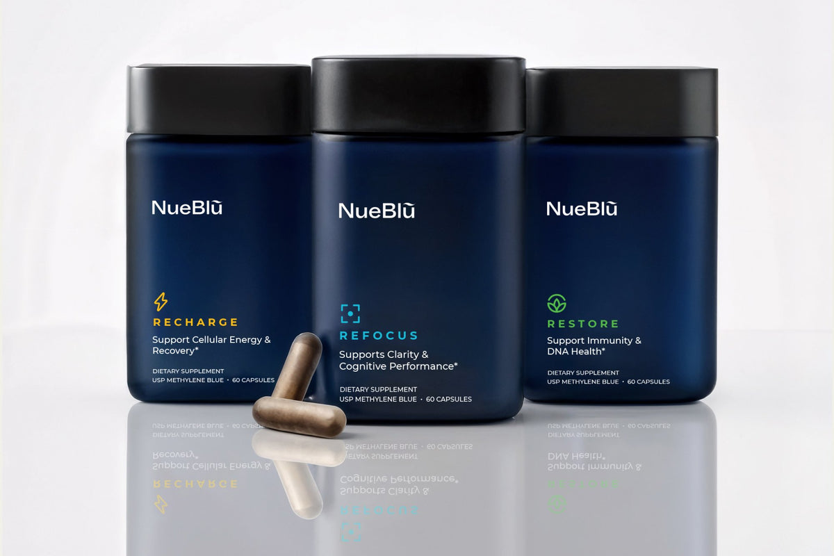 NueBlū Recharge, Refocus and Restore jars with two capsules