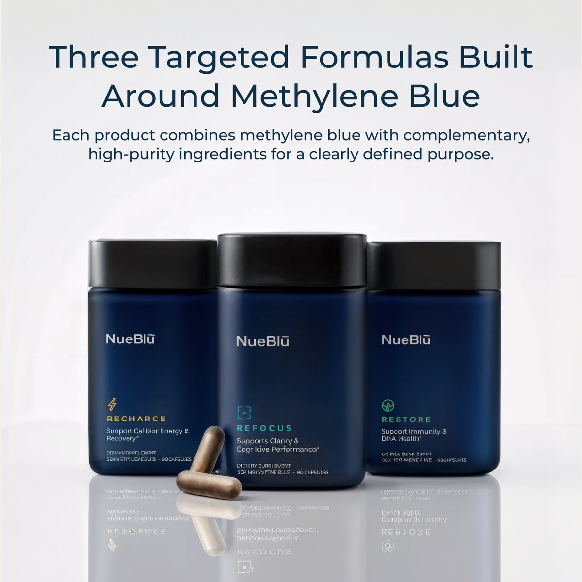 The three NueBlū formulas: Refocus, Recharge and Restore jars